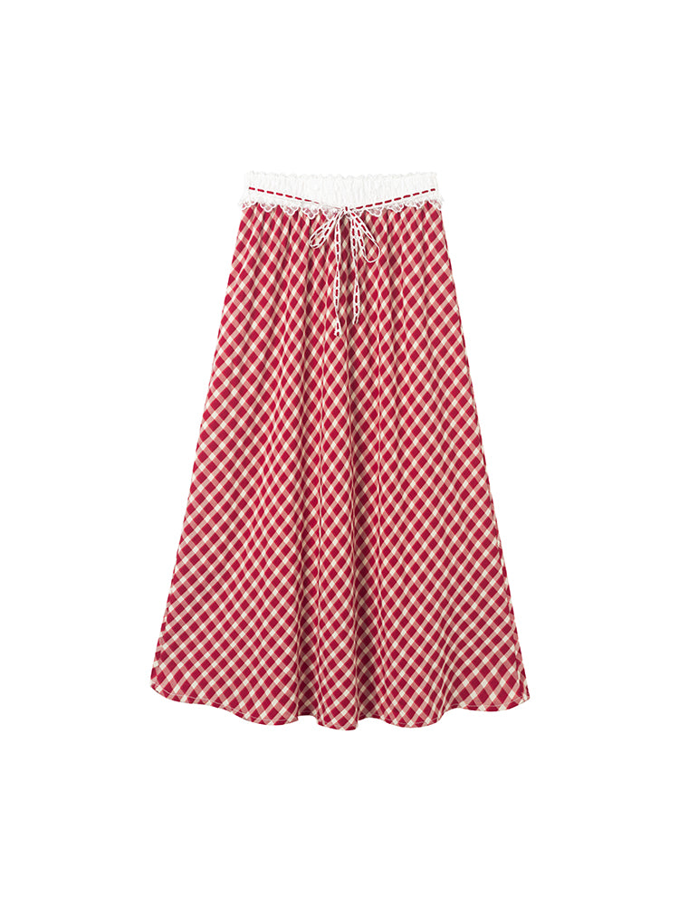 High Waist Checkered Skirt With Laced Waistband