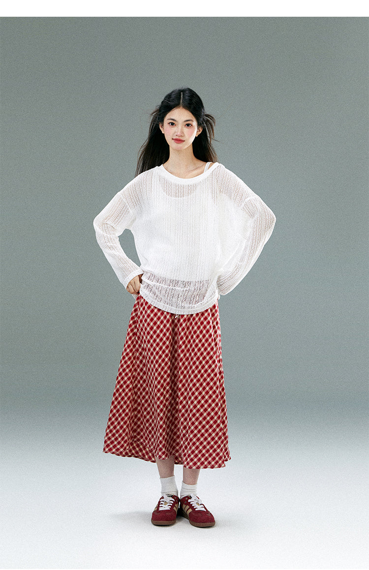 High Waist Checkered Skirt With Laced Waistband