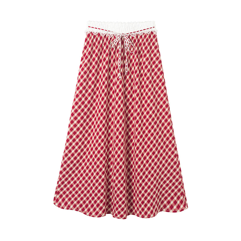 High Waist Checkered Skirt With Laced Waistband
