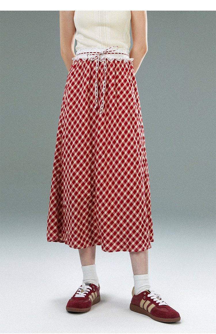 High Waist Checkered Skirt With Laced Waistband