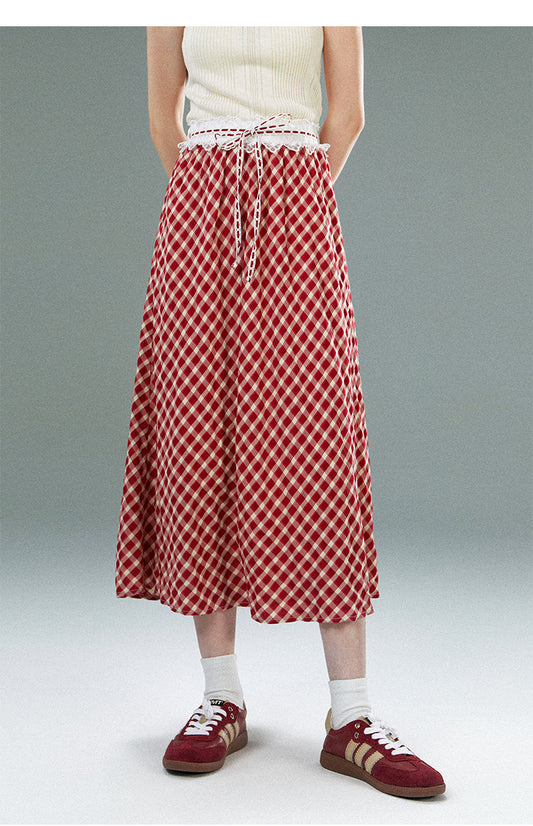 High Waist Checkered Skirt With Laced Waistband