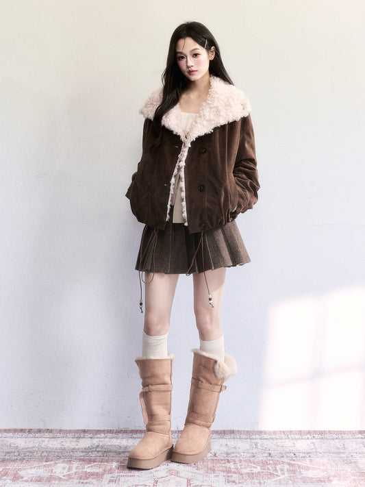 Faux Suede Jacket With Fur Lapel