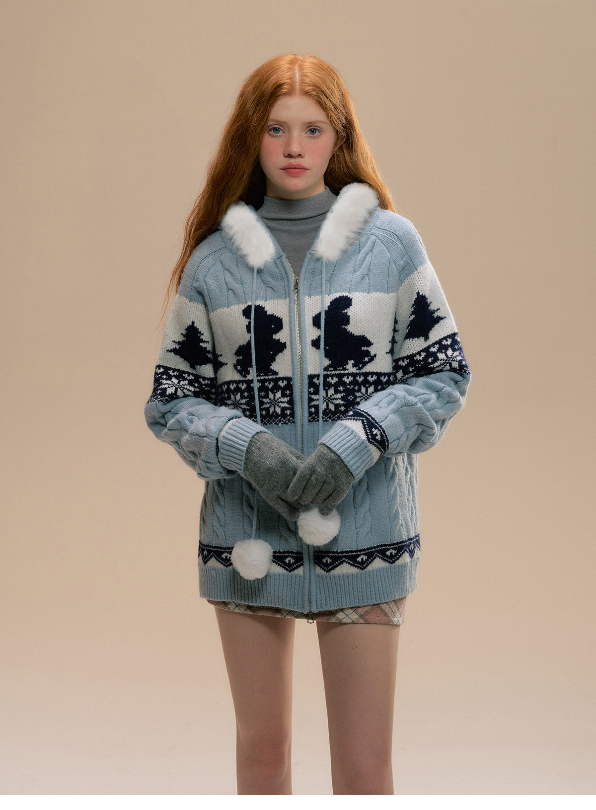 Faux Fur Trimmed Knit Bunny Hoodie And Matching Scarf