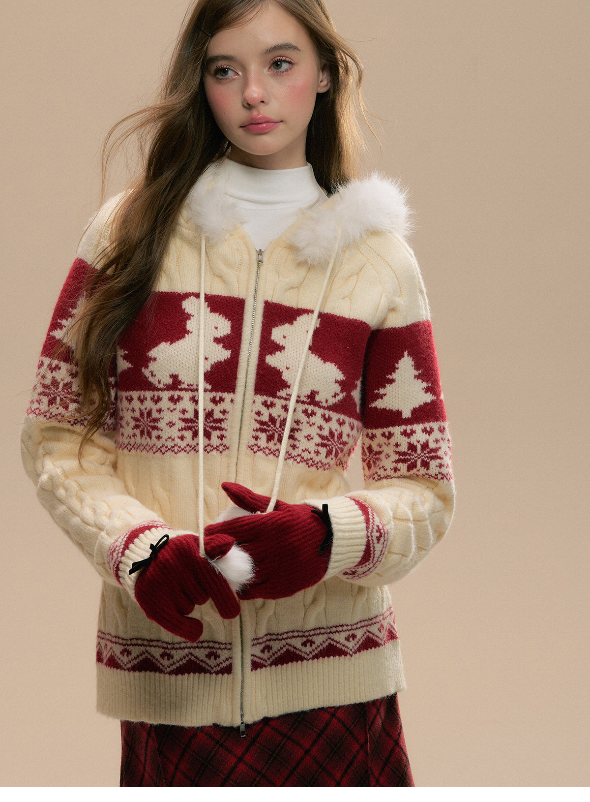 Faux Fur Trimmed Knit Bunny Hoodie And Matching Scarf