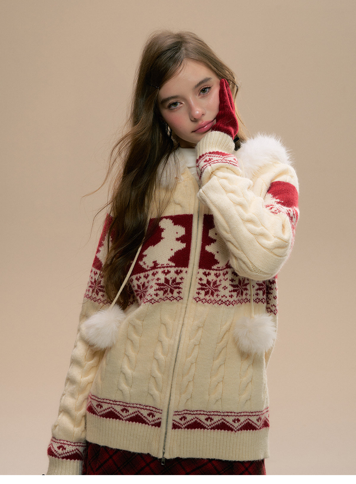 Faux Fur Trimmed Knit Bunny Hoodie And Matching Scarf