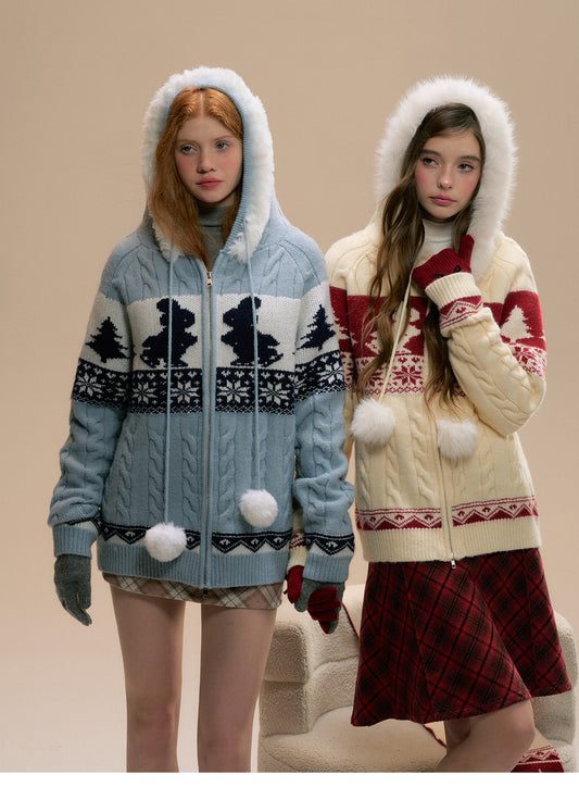 Faux Fur Trimmed Knit Bunny Hoodie And Matching Scarf