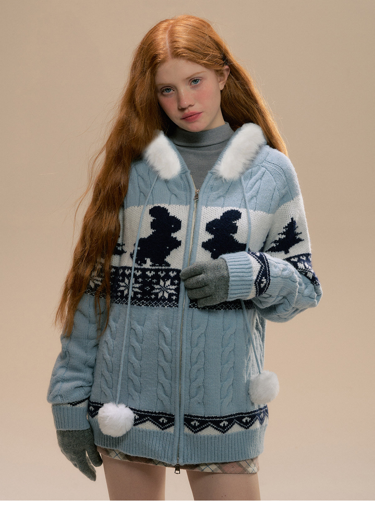 Faux Fur Trimmed Knit Bunny Hoodie And Matching Scarf