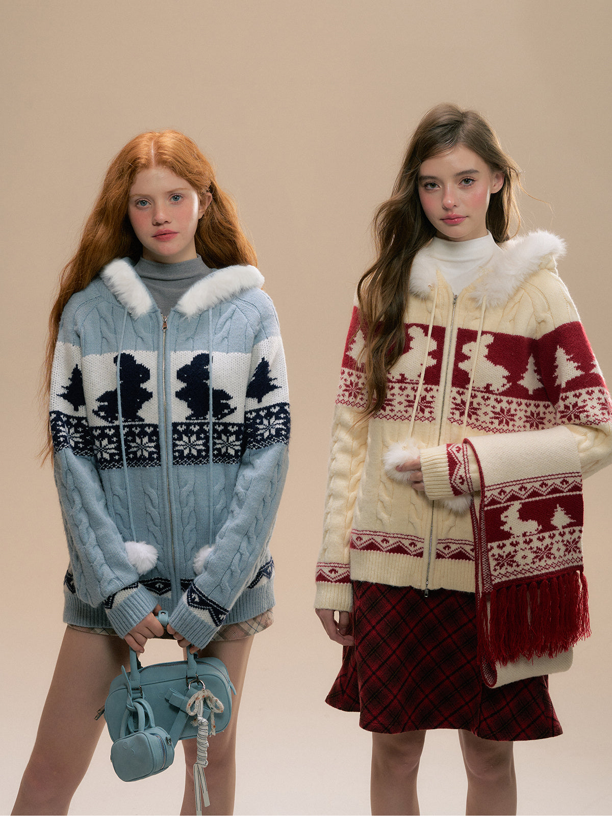 Faux Fur Trimmed Knit Bunny Hoodie And Matching Scarf