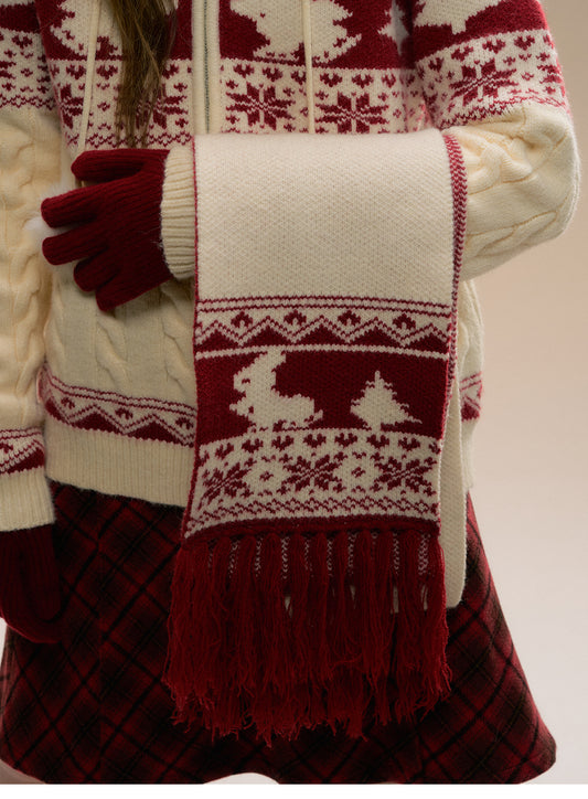 Faux Fur Trimmed Knit Bunny Hoodie And Matching Scarf