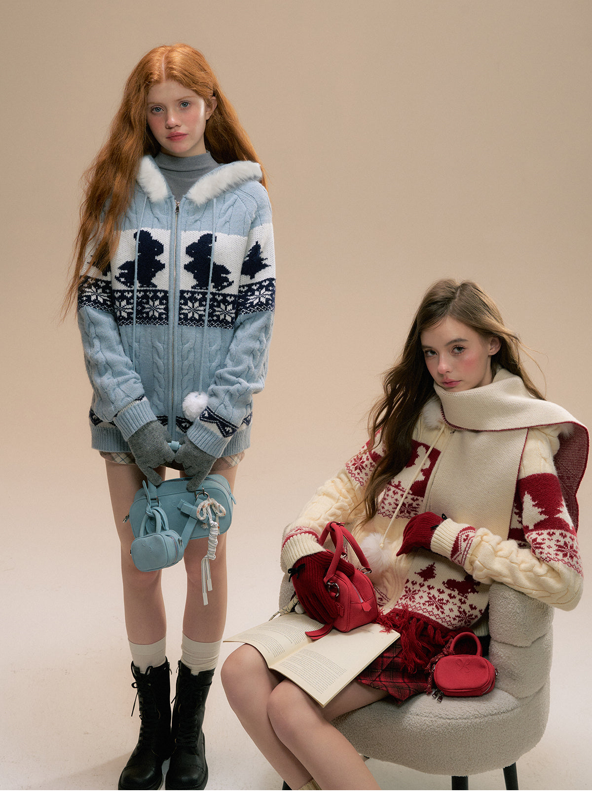 Faux Fur Trimmed Knit Bunny Hoodie And Matching Scarf