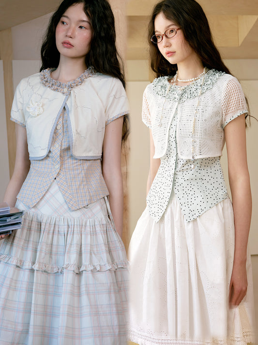 Ruffled Neck Faux Layered Top In Dot Or Plaid