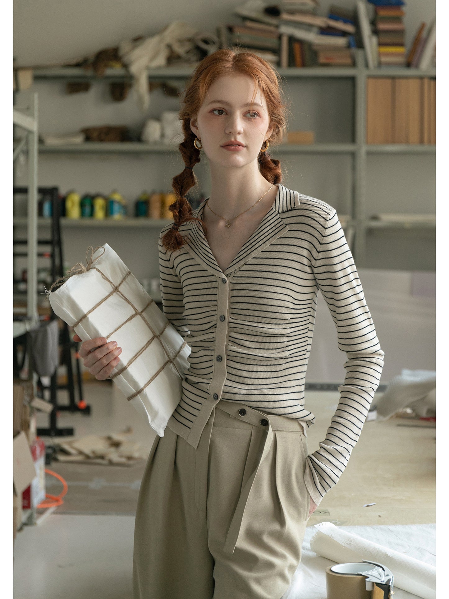 Ruched Front Striped Fitted Top