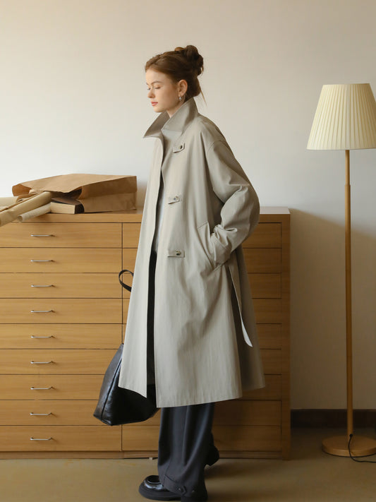 Stand-Collar Minimal Belted Coat