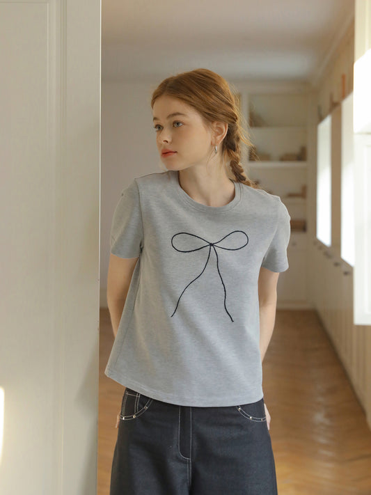 Skinny Ribbon Bow Embroidered Heavyweight T-Shirt