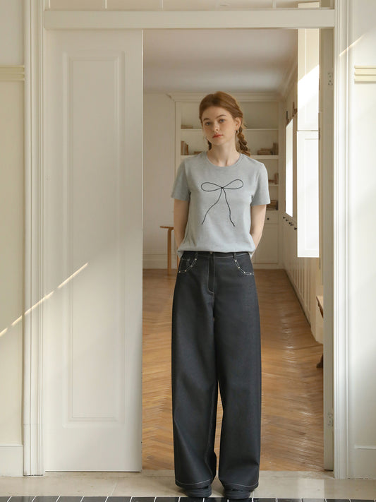 Skinny Ribbon Bow Embroidered Heavyweight T-Shirt