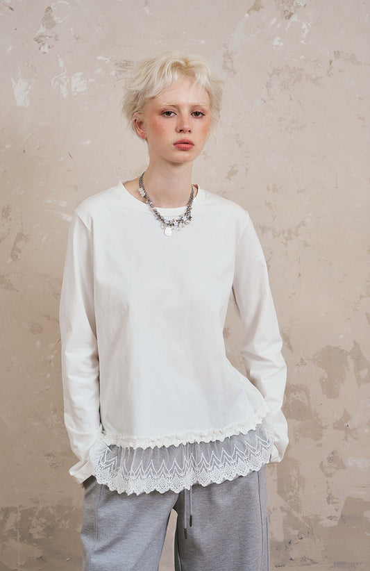 Sheer Lace Trimmed Plain T-Shirt