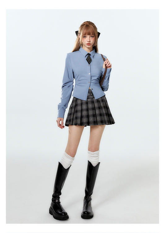 College Style Ruched Fitted Shirt with Tie