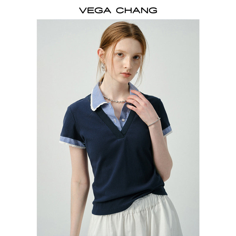 Layered-Look Gingham Collar Ribbed Top