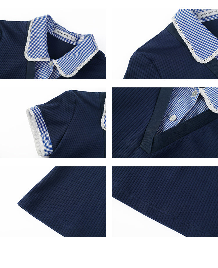 Layered-Look Gingham Collar Ribbed Top