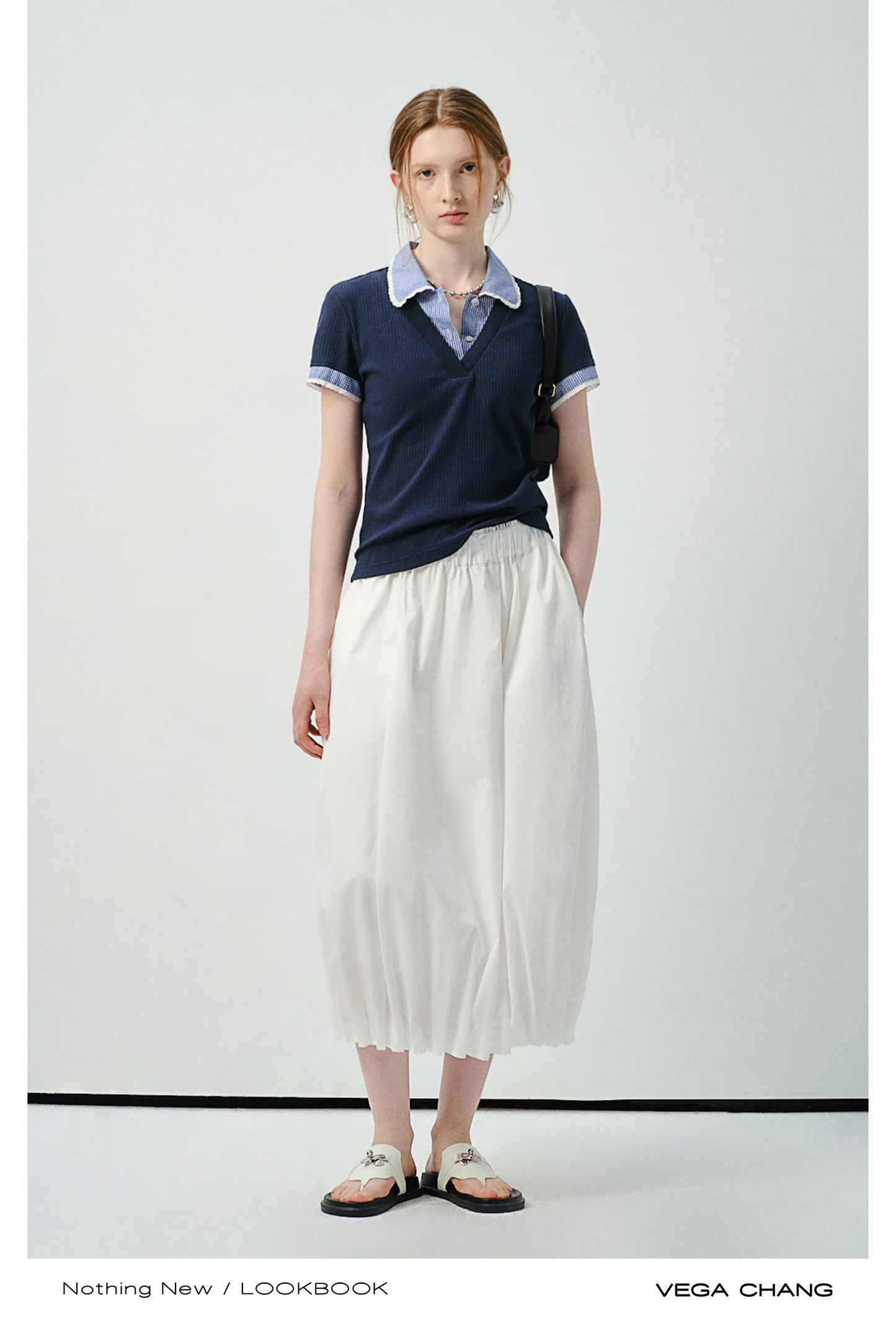 Layered-Look Gingham Collar Ribbed Top