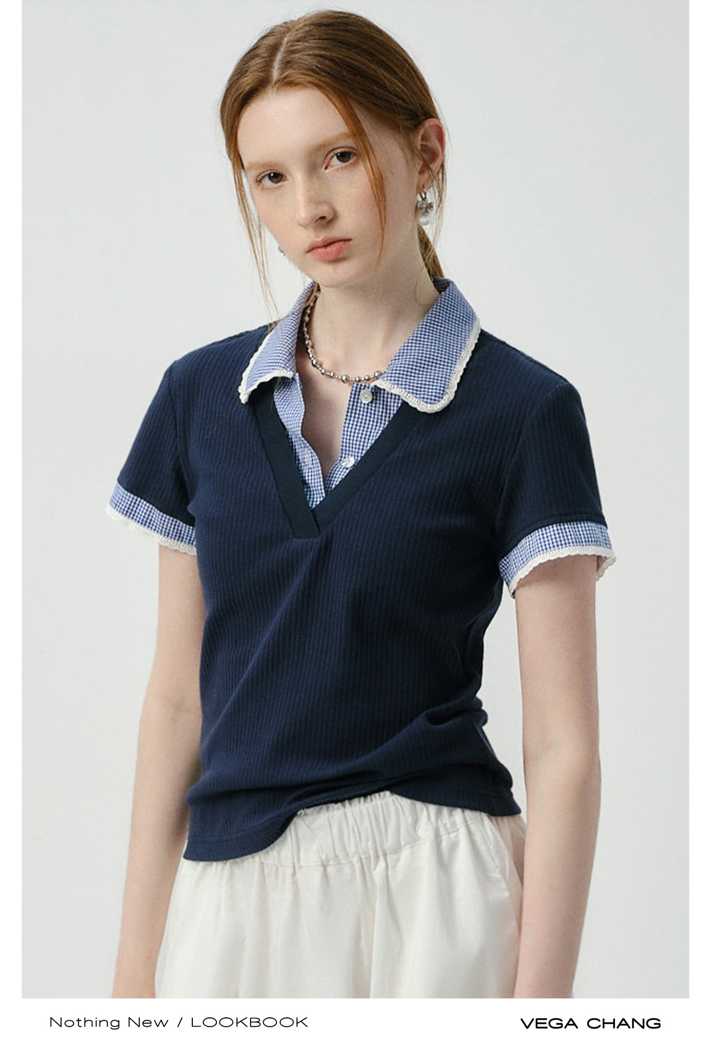 Layered-Look Gingham Collar Ribbed Top