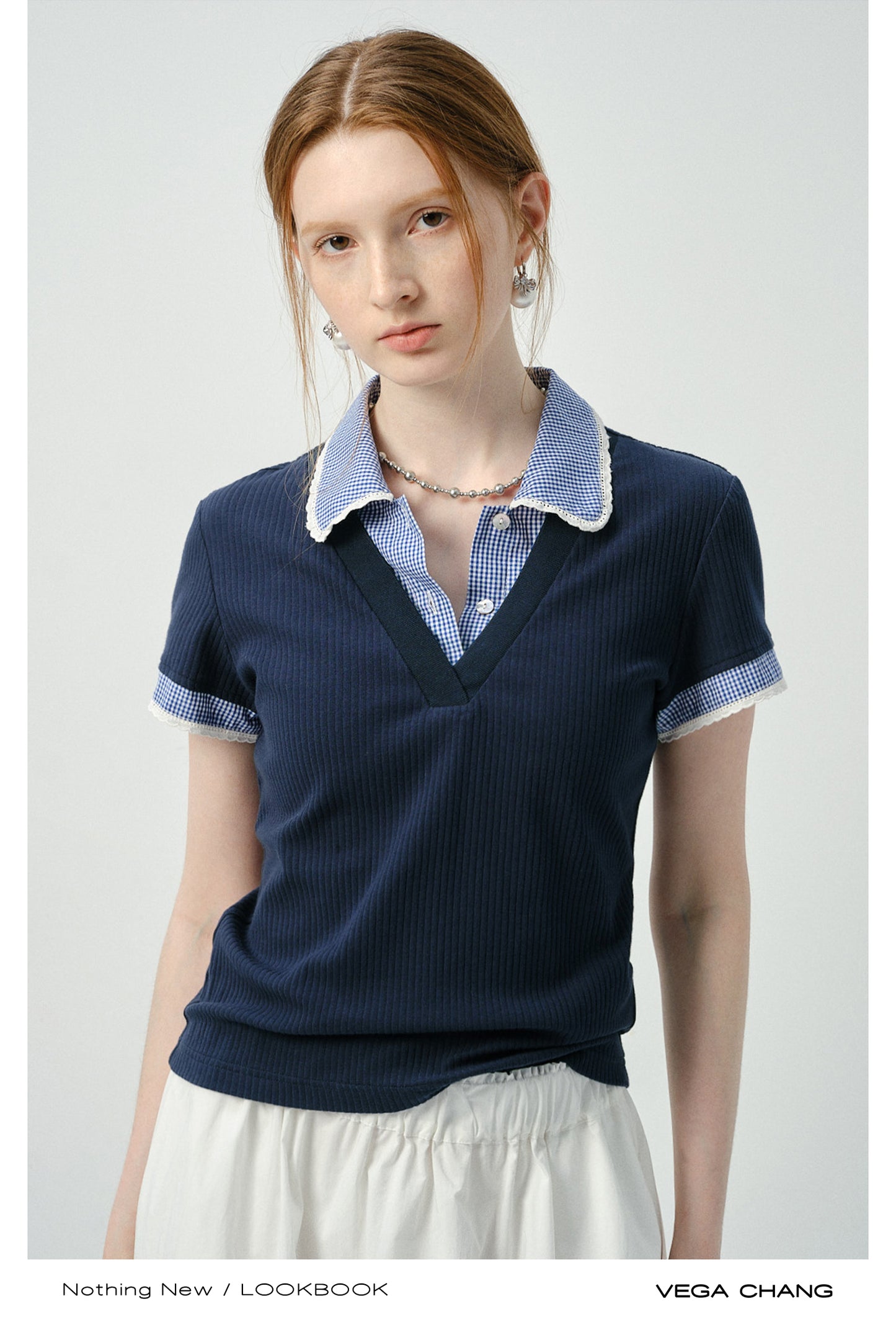 Layered-Look Gingham Collar Ribbed Top