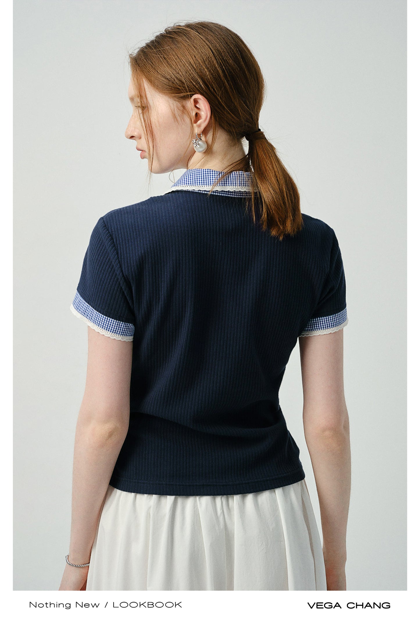 Layered-Look Gingham Collar Ribbed Top
