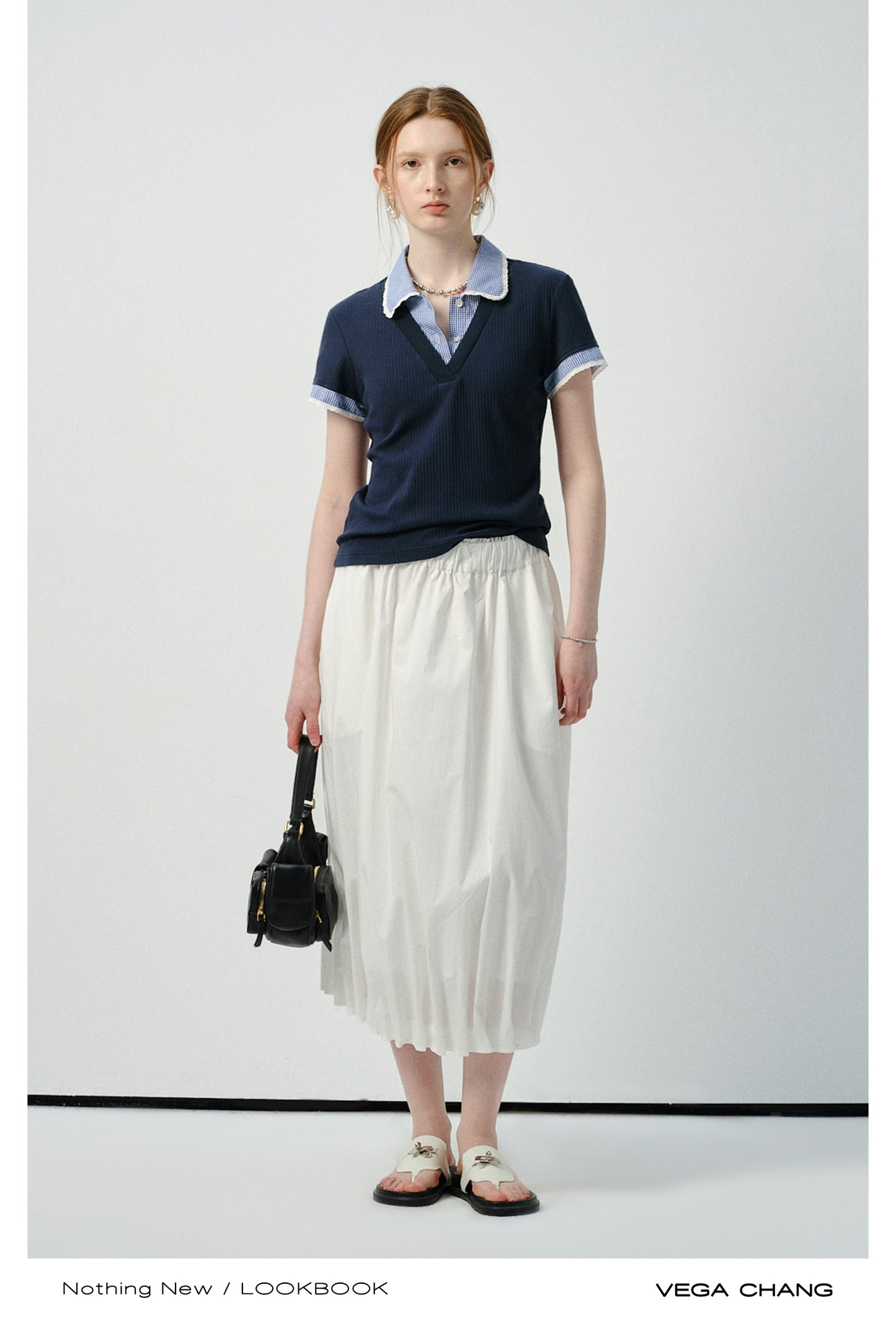 Layered-Look Gingham Collar Ribbed Top