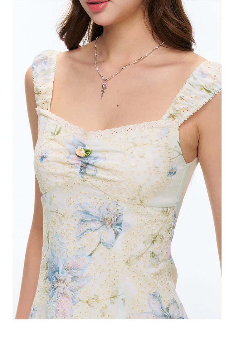 Eyelet Embroidery Flower Print Mini Dress