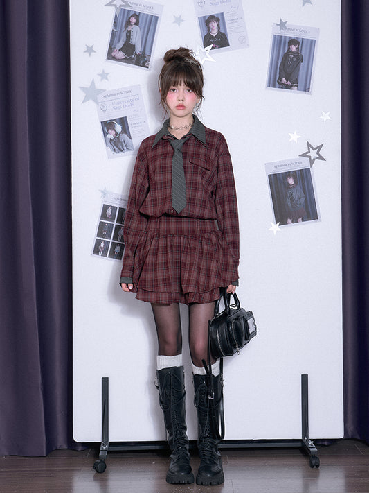 Plaid Cinched Waist Shirt Dress With Stripe Tie