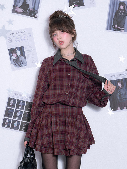 Plaid Cinched Waist Shirt Dress With Stripe Tie