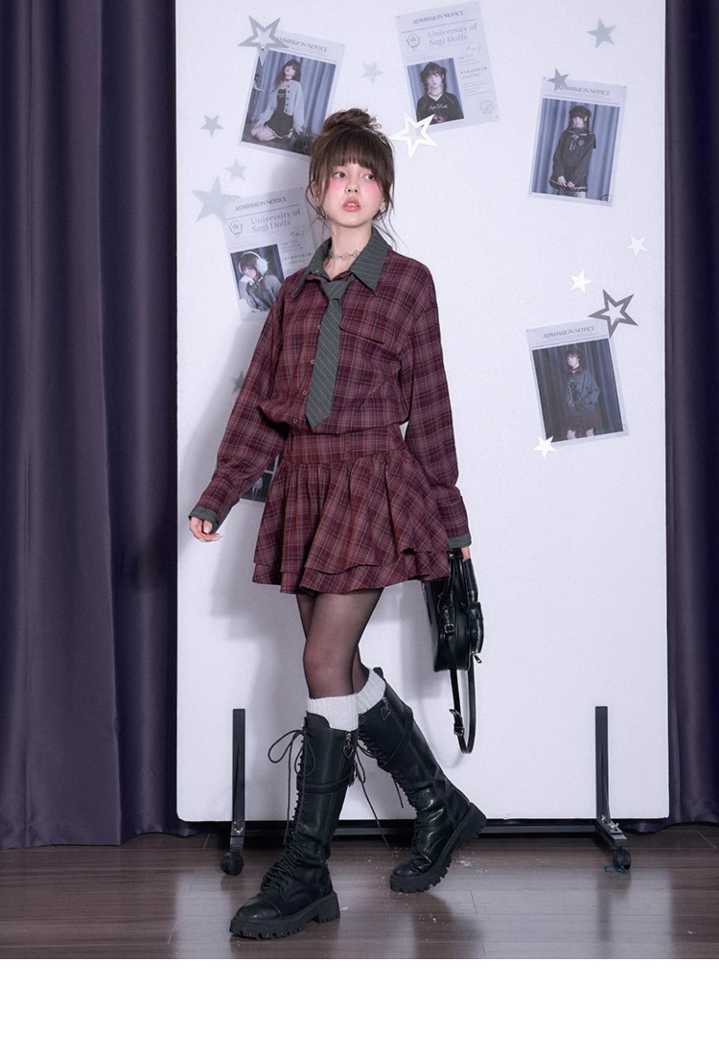 Plaid Cinched Waist Shirt Dress With Stripe Tie