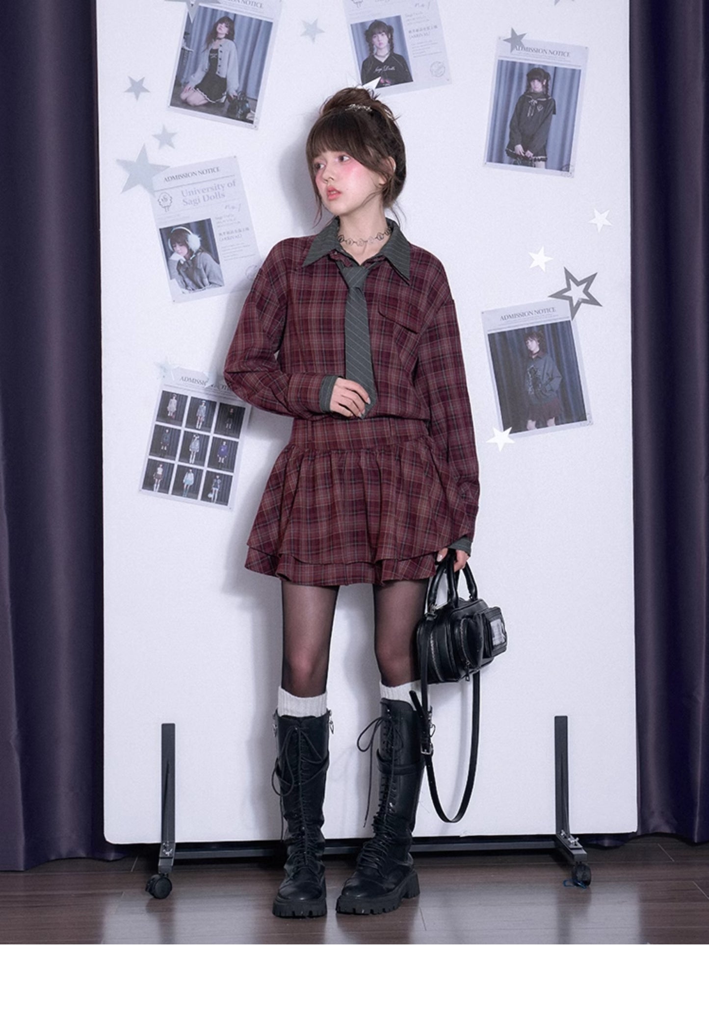 Plaid Cinched Waist Shirt Dress With Stripe Tie
