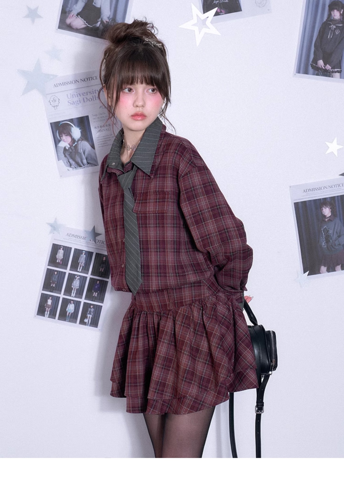 Plaid Cinched Waist Shirt Dress With Stripe Tie