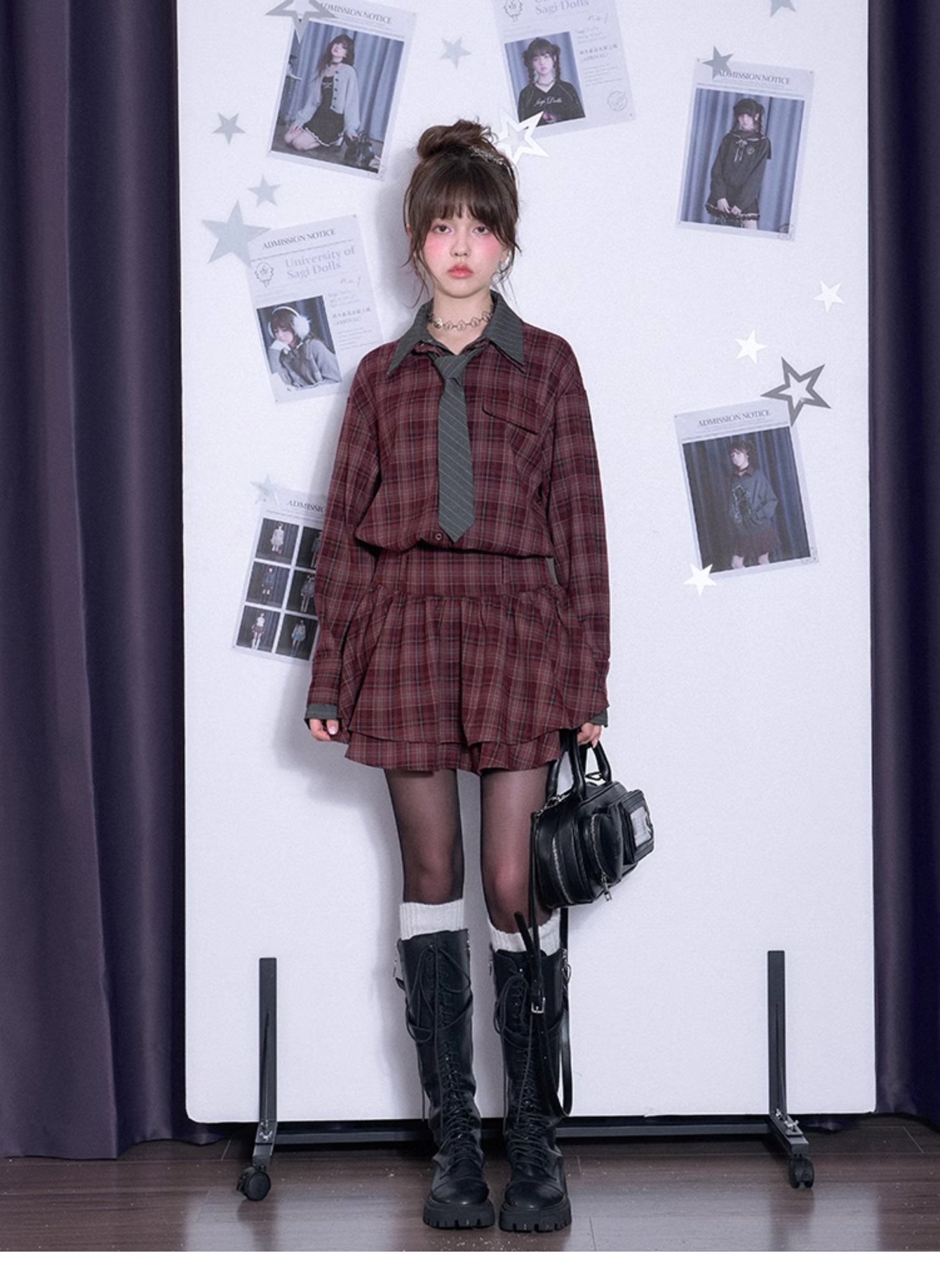 Plaid Cinched Waist Shirt Dress With Stripe Tie