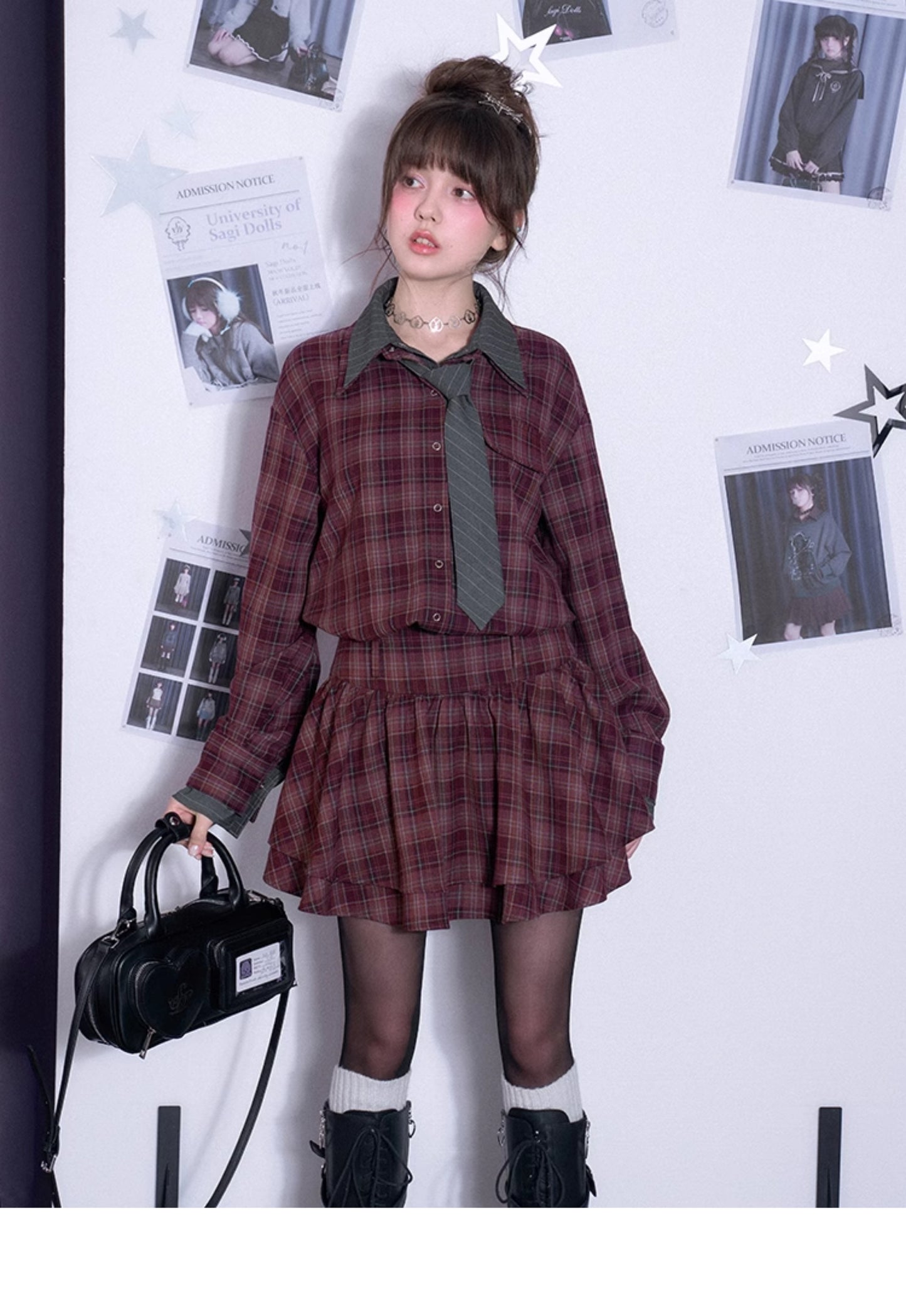 Plaid Cinched Waist Shirt Dress With Stripe Tie