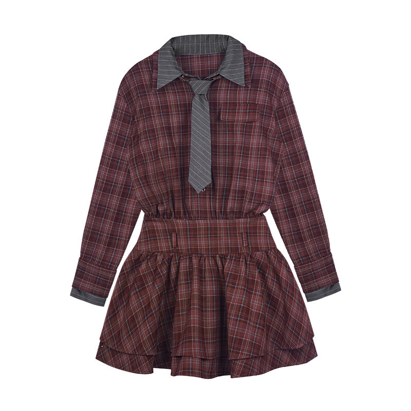 Plaid Cinched Waist Shirt Dress With Stripe Tie