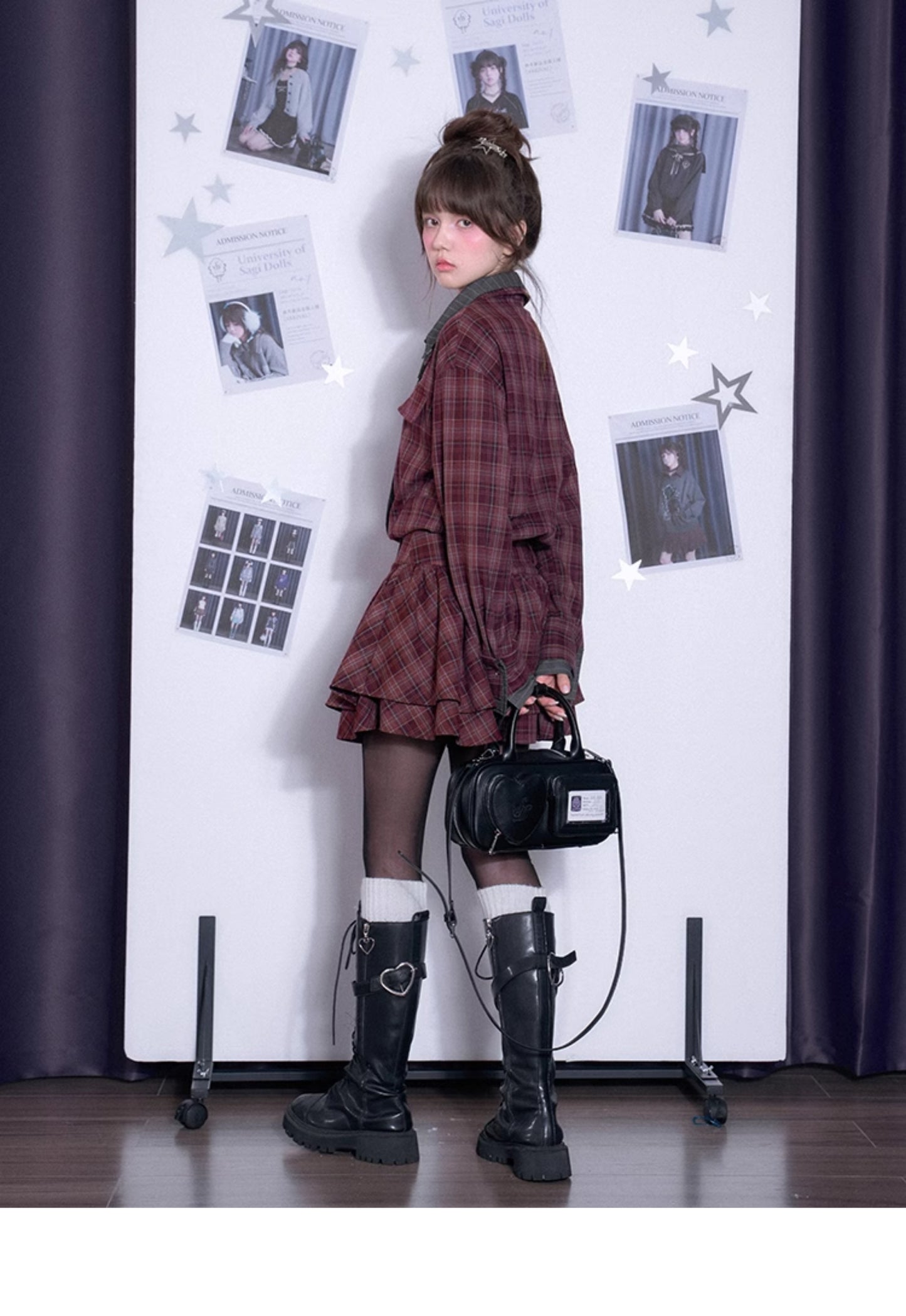 Plaid Cinched Waist Shirt Dress With Stripe Tie