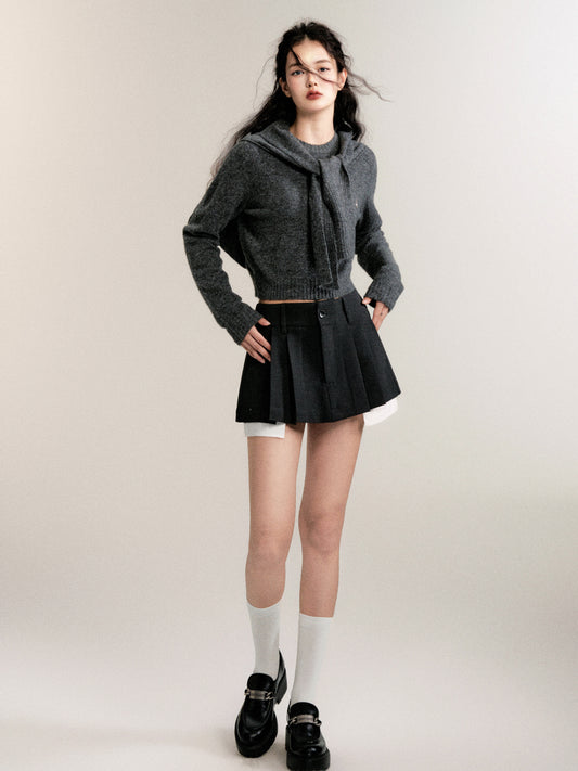 Basic Crew Neck Knit Top With Scarf