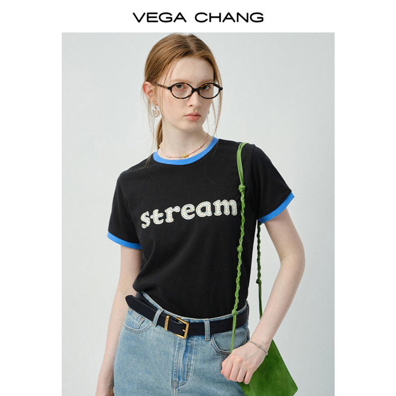 Contrast Tipped Letter Patch T-Shirt