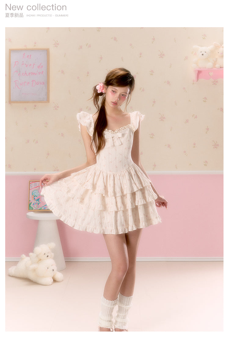 Floral Corset Tiered Dress With Butterfly Sleeves