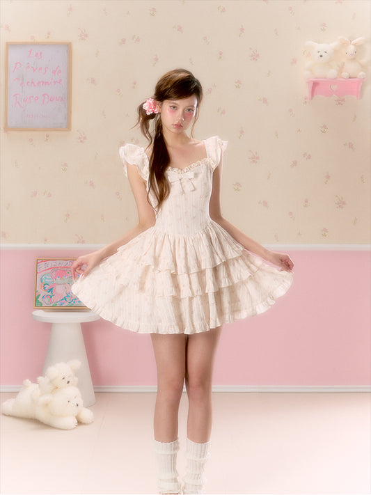 Floral Corset Tiered Dress With Butterfly Sleeves