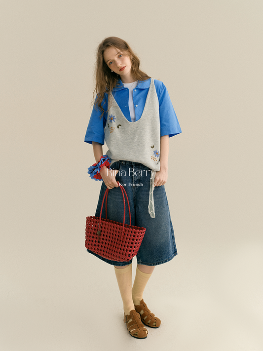 Floral Embroidered Loose Knit Deep-V Vest