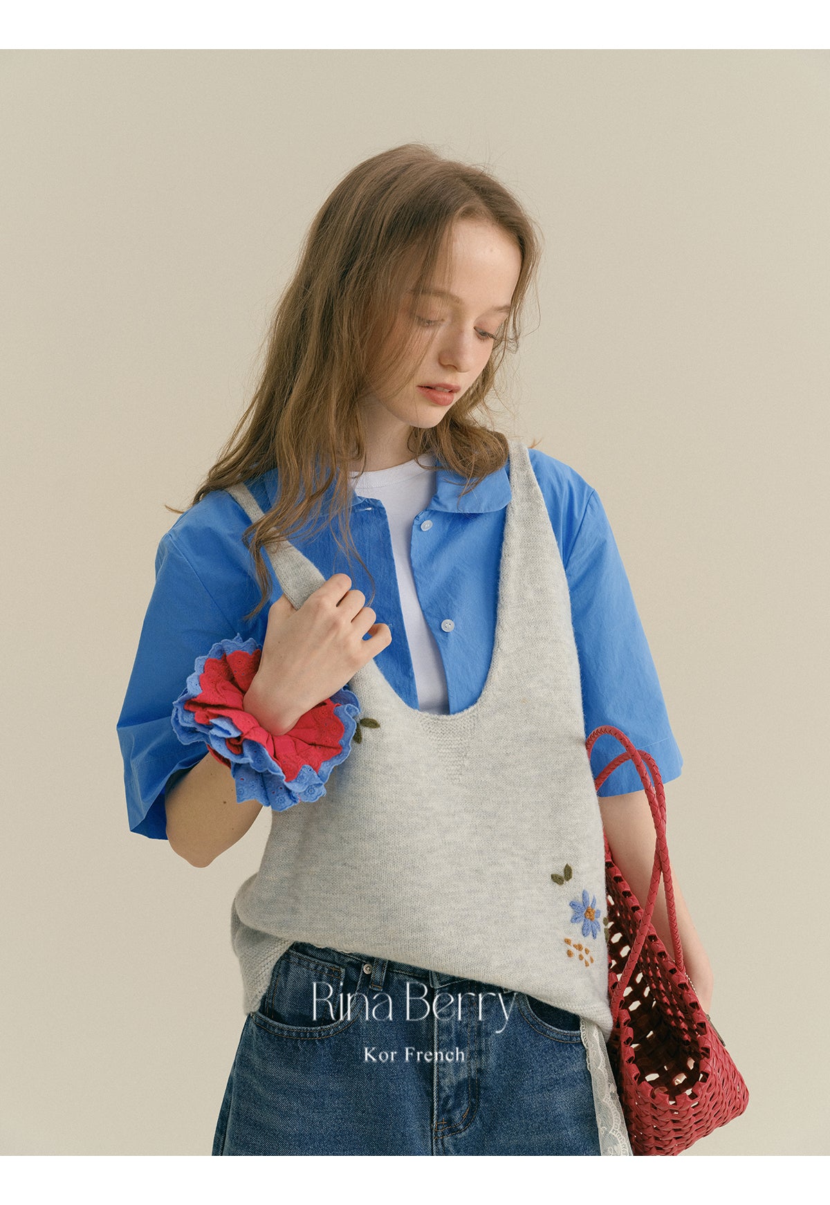 Floral Embroidered Loose Knit Deep-V Vest