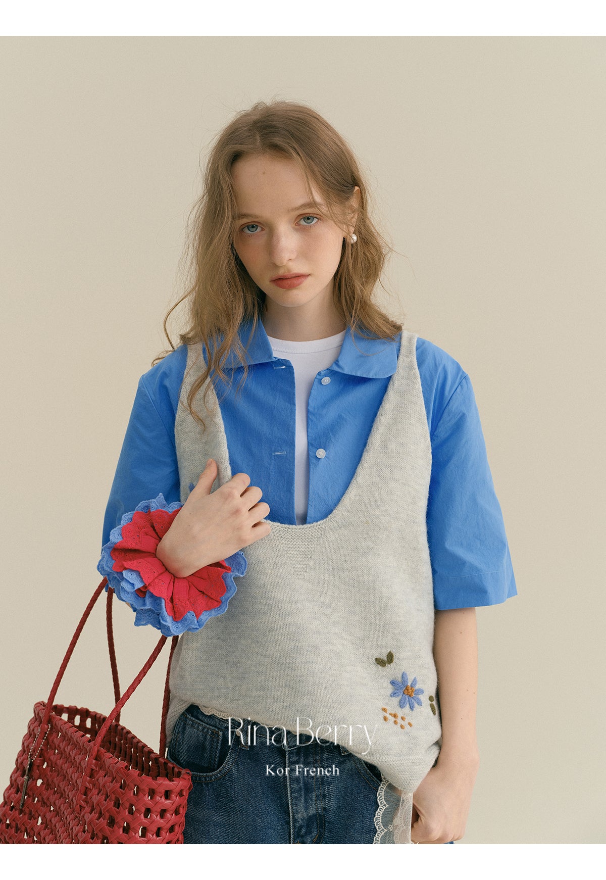 Floral Embroidered Loose Knit Deep-V Vest