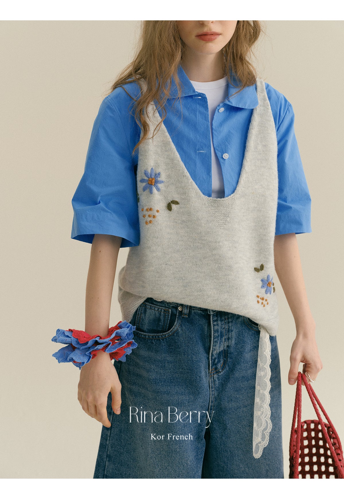 Floral Embroidered Loose Knit Deep-V Vest