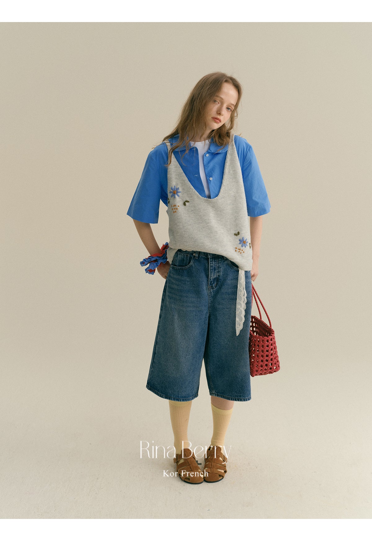 Floral Embroidered Loose Knit Deep-V Vest