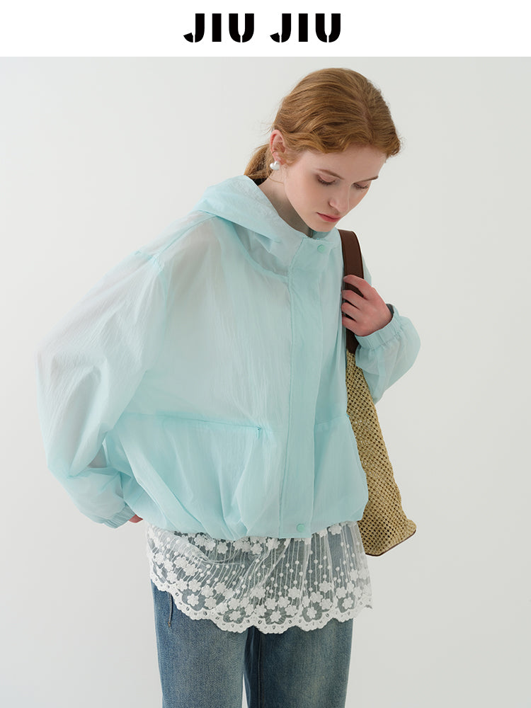 Lightweight Hooded Sheer Jacket With Bubble Hem