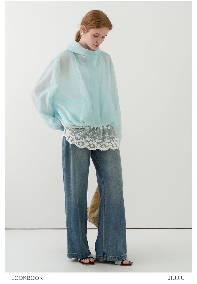 Lightweight Hooded Sheer Jacket With Bubble Hem