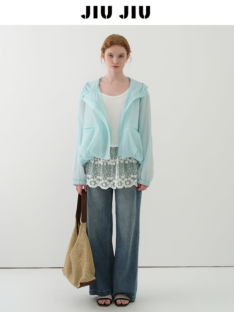 Lightweight Hooded Sheer Jacket With Bubble Hem